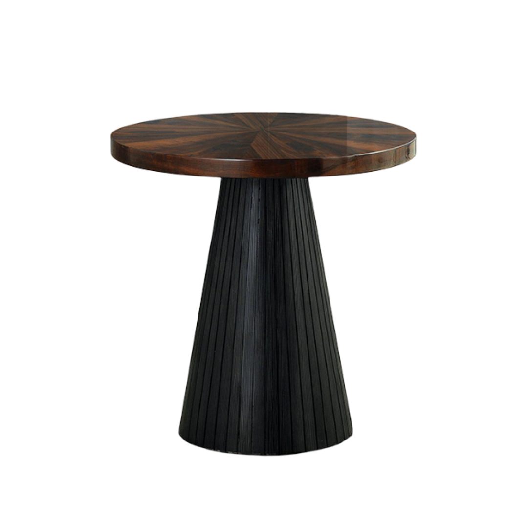 Contemporary Style End Table Parquet Pattern Top Drum Base Black Finish Primary Living Room