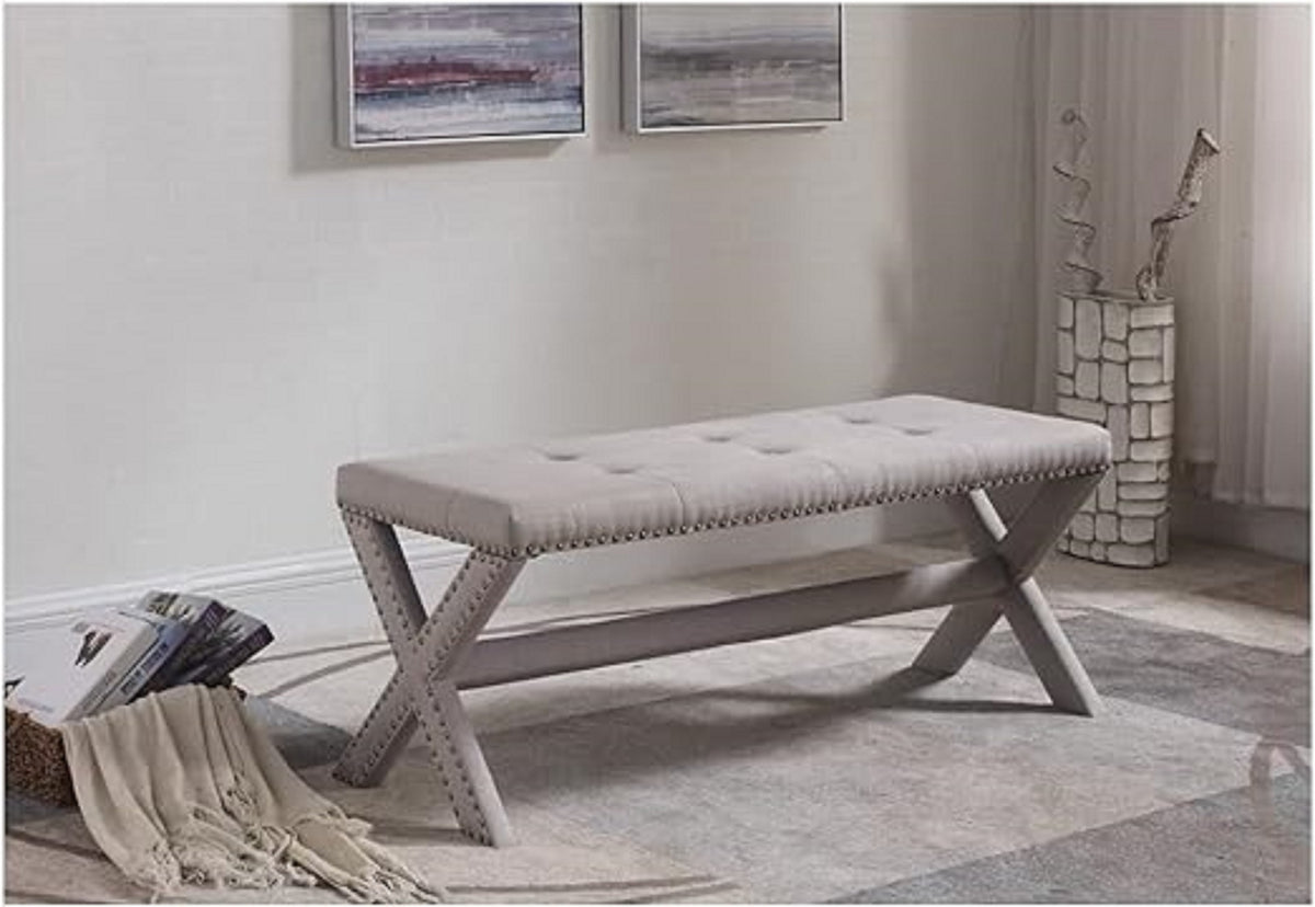 Glam Accent Bench with Nailhead Trim, Tufted Seat, Upholstered Side Bench for Bedroom, Livingroom and Entryway, Gray