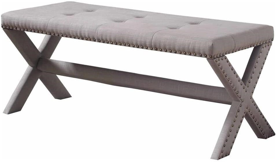 Glam Accent Bench with Nailhead Trim, Tufted Seat, Upholstered Side Bench for Bedroom, Livingroom and Entryway, Gray
