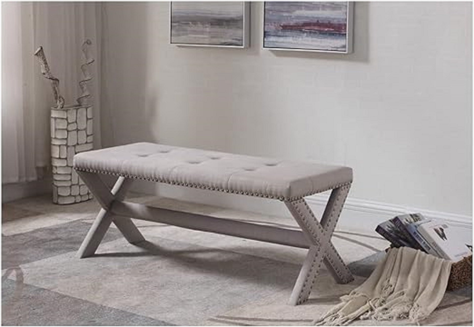 Glam Accent Bench with Nailhead Trim, Tufted Seat, Upholstered Side Bench for Bedroom, Livingroom and Entryway, Gray