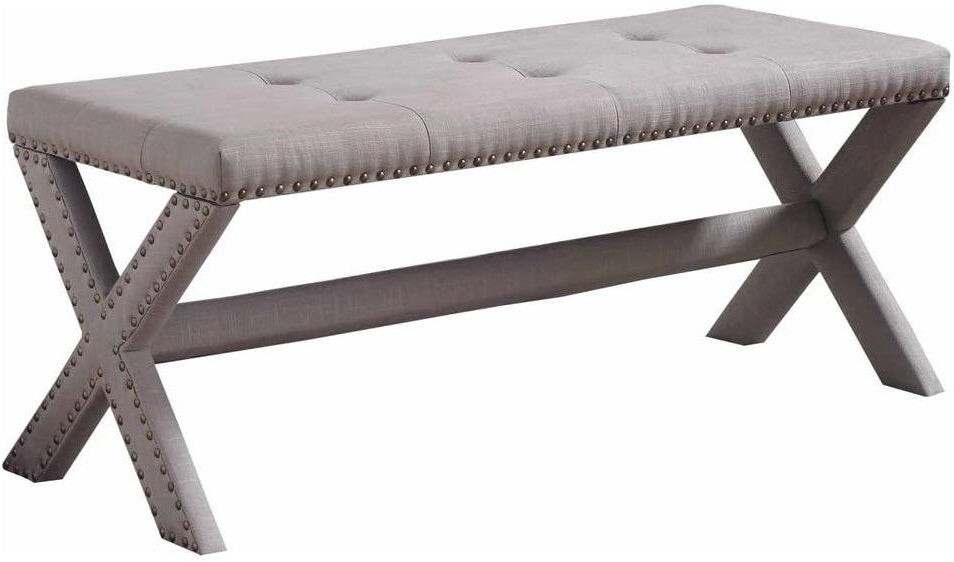 Glam Accent Bench with Nailhead Trim, Tufted Seat, Upholstered Side Bench for Bedroom, Livingroom and Entryway, Gray