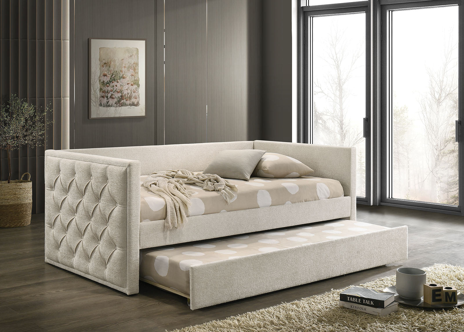 Transitional Style 1pc Twin Size Daybed w/ Trundle Diamond Button Tufting Slim Track Arms Mattress Ready Beige Finish Primary Living Room