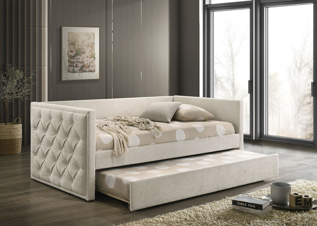 Transitional Style 1pc Twin Size Daybed w/ Trundle Diamond Button Tufting Slim Track Arms Mattress Ready Beige Finish Primary Living Room