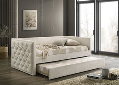 Transitional Style 1pc Twin Size Daybed w/ Trundle Diamond Button Tufting Slim Track Arms Mattress Ready Beige Finish Primary Living Room