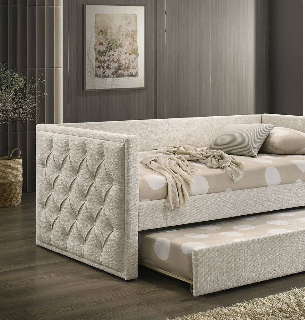 Transitional Style 1pc Twin Size Daybed w/ Trundle Diamond Button Tufting Slim Track Arms Mattress Ready Beige Finish Primary Living Room