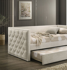 Transitional Style 1pc Twin Size Daybed w/ Trundle Diamond Button Tufting Slim Track Arms Mattress Ready Beige Finish Primary Living Room