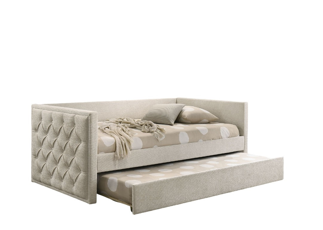 Transitional Style 1pc Twin Size Daybed w/ Trundle Diamond Button Tufting Slim Track Arms Mattress Ready Beige Finish Primary Living Room