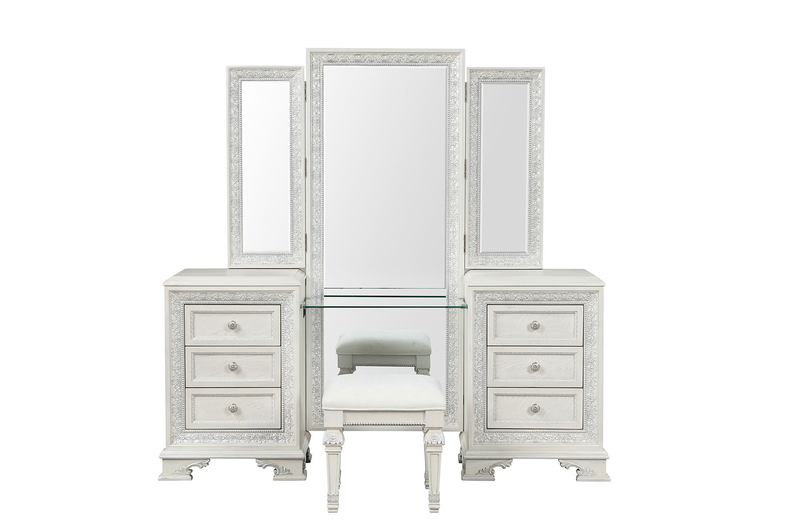 Traditional Style 1pc Vanity Set w/ Stool USB Charging Port English Dovetail Drawers Ball Bearing Glides Silver Round Knobs Creamy White Finish Bedroom Furniture