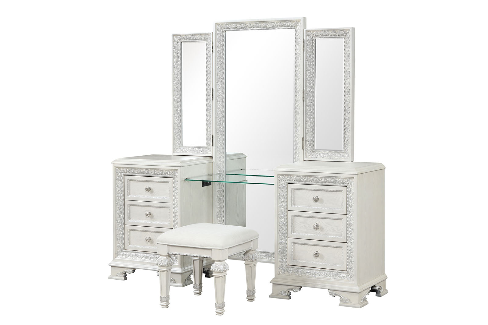 Traditional Style 1pc Vanity Set w/ Stool USB Charging Port English Dovetail Drawers Ball Bearing Glides Silver Round Knobs Creamy White Finish Bedroom Furniture