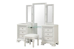 Traditional Style 1pc Vanity Set w/ Stool USB Charging Port English Dovetail Drawers Ball Bearing Glides Silver Round Knobs Creamy White Finish Bedroom Furniture