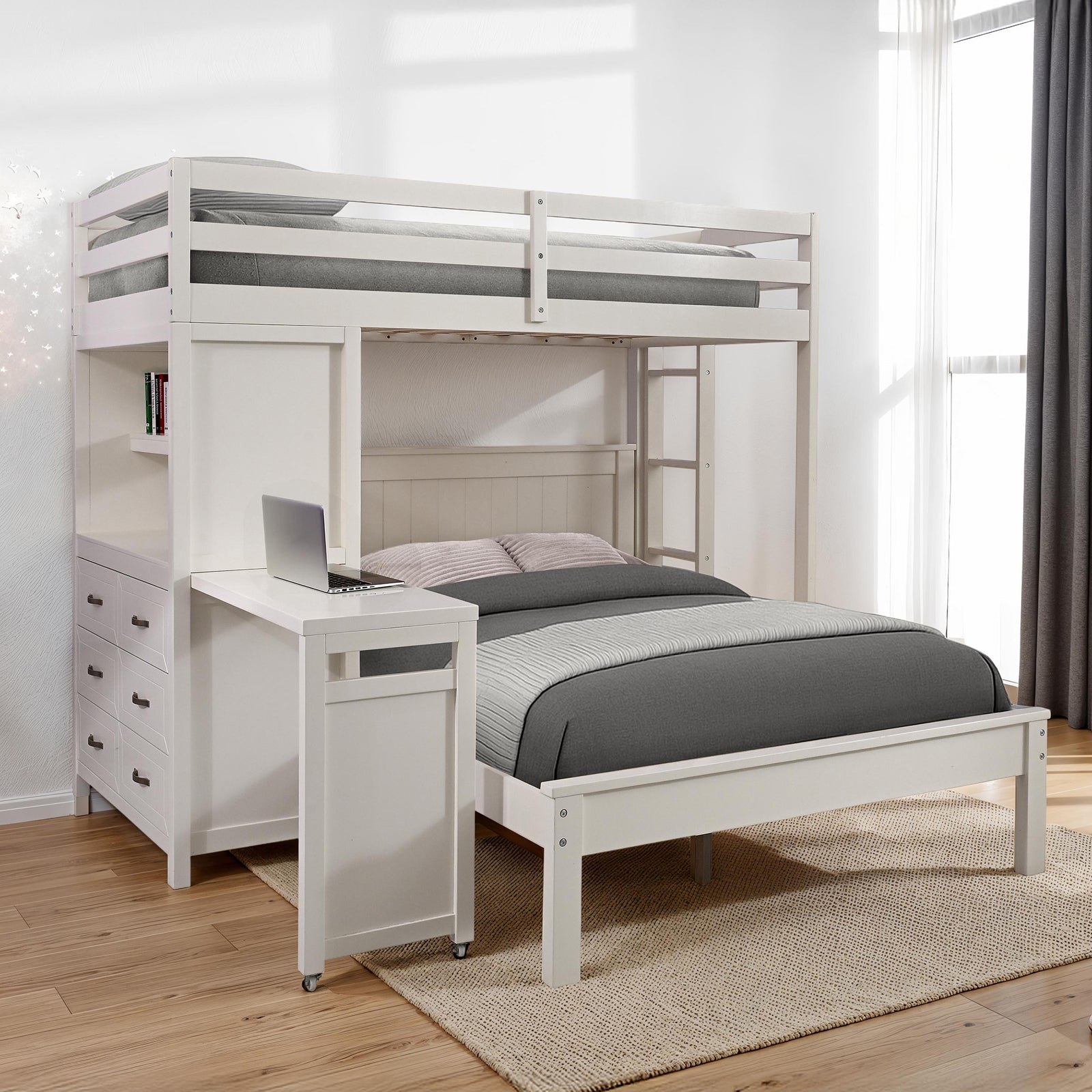 Contemporary Style Twin Over Full Bunk Bed 3-Drawers Cabinets Open Shelf Attached Ladder Built In Desk White Finish Bedroom Furniture