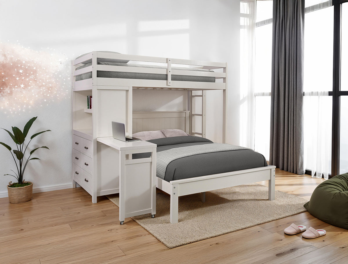 Contemporary Style Twin Over Full Bunk Bed 3-Drawers Cabinets Open Shelf Attached Ladder Built In Desk White Finish Bedroom Furniture