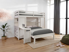 Contemporary Style Twin Over Full Bunk Bed 3-Drawers Cabinets Open Shelf Attached Ladder Built In Desk White Finish Bedroom Furniture