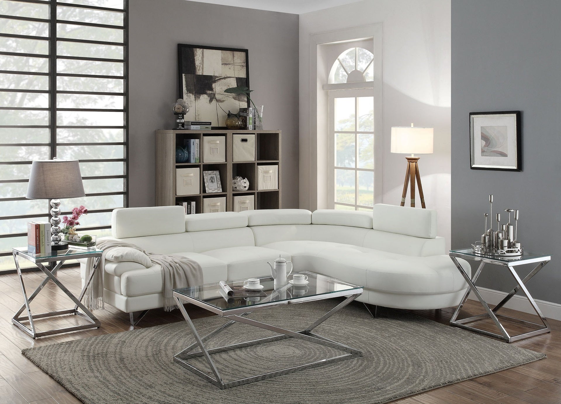 Living Room Furniture Sectional Sofa 2pc Set White Faux Leather Flip-up Headrest Sofa Chaise