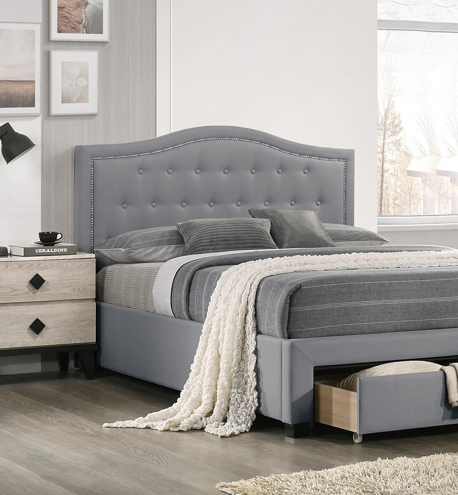 Light Grey Burlap Fabric 1pcs Queen Size Bed w Drawer Button Tufted Arch Design Headboard Storage FB Bedframe Bedroom Furniture