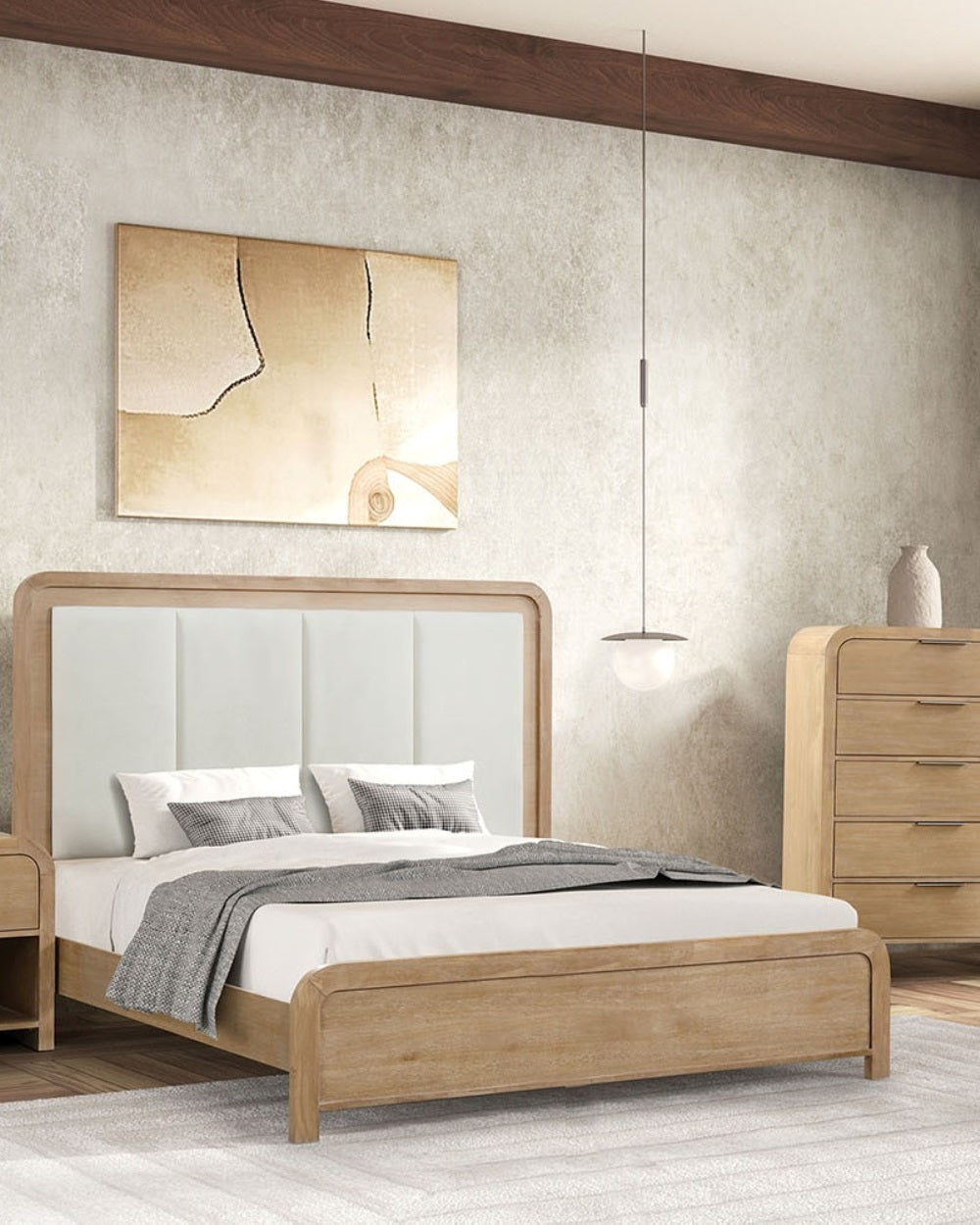 Eastern King Size Bed Channel Padded Headboard 1pc Panel Bed frame Natural Finish Transitional Style Bedroom Furniture