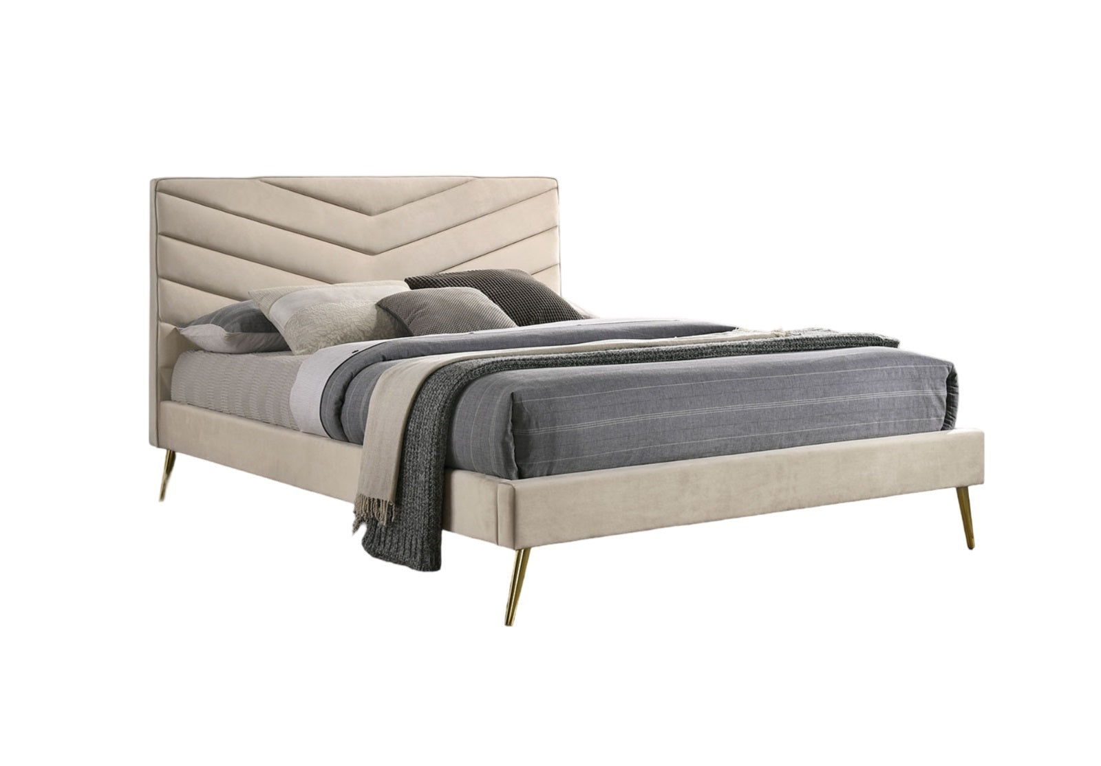 Mid-century Modern Beige Flannelette Chevron Tufted Design 1pc California King Size Bed Padded Headboard Bedroom Furniture
