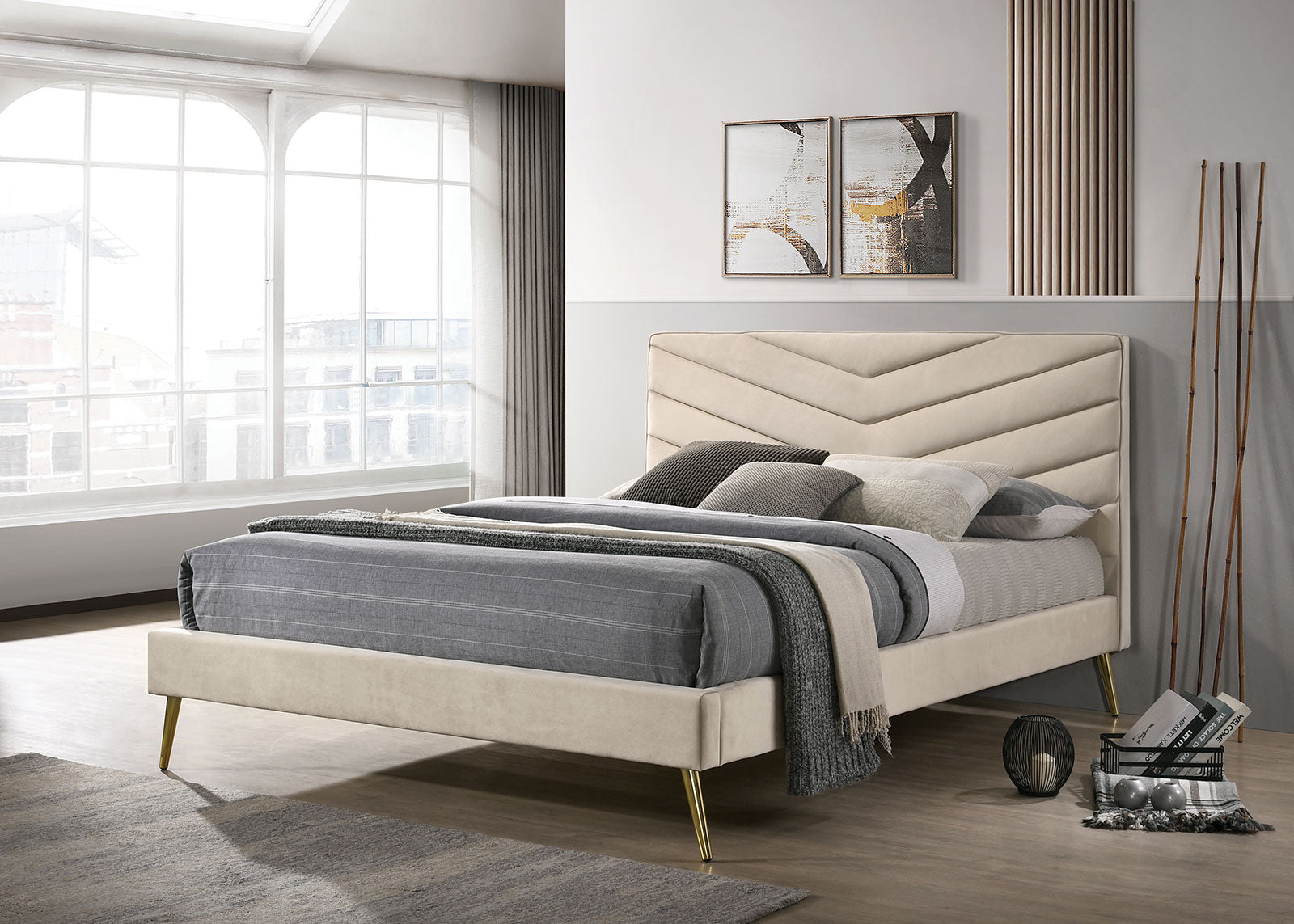 Mid-century Modern Beige Flannelette Chevron Tufted Design 1pc California King Size Bed Padded Headboard Bedroom Furniture