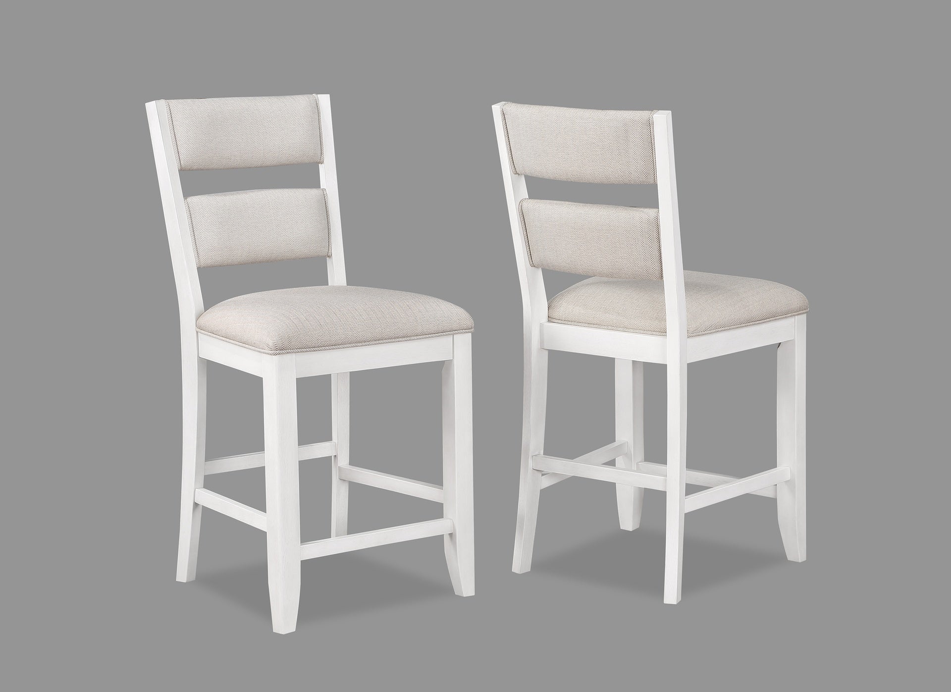 6-Piece Counter Height Dining Set White Rectangular Table Wine Bottle Storage Upholstery Chairs Open Shelf Storage Drawer Wooden Solid Wood Furniture