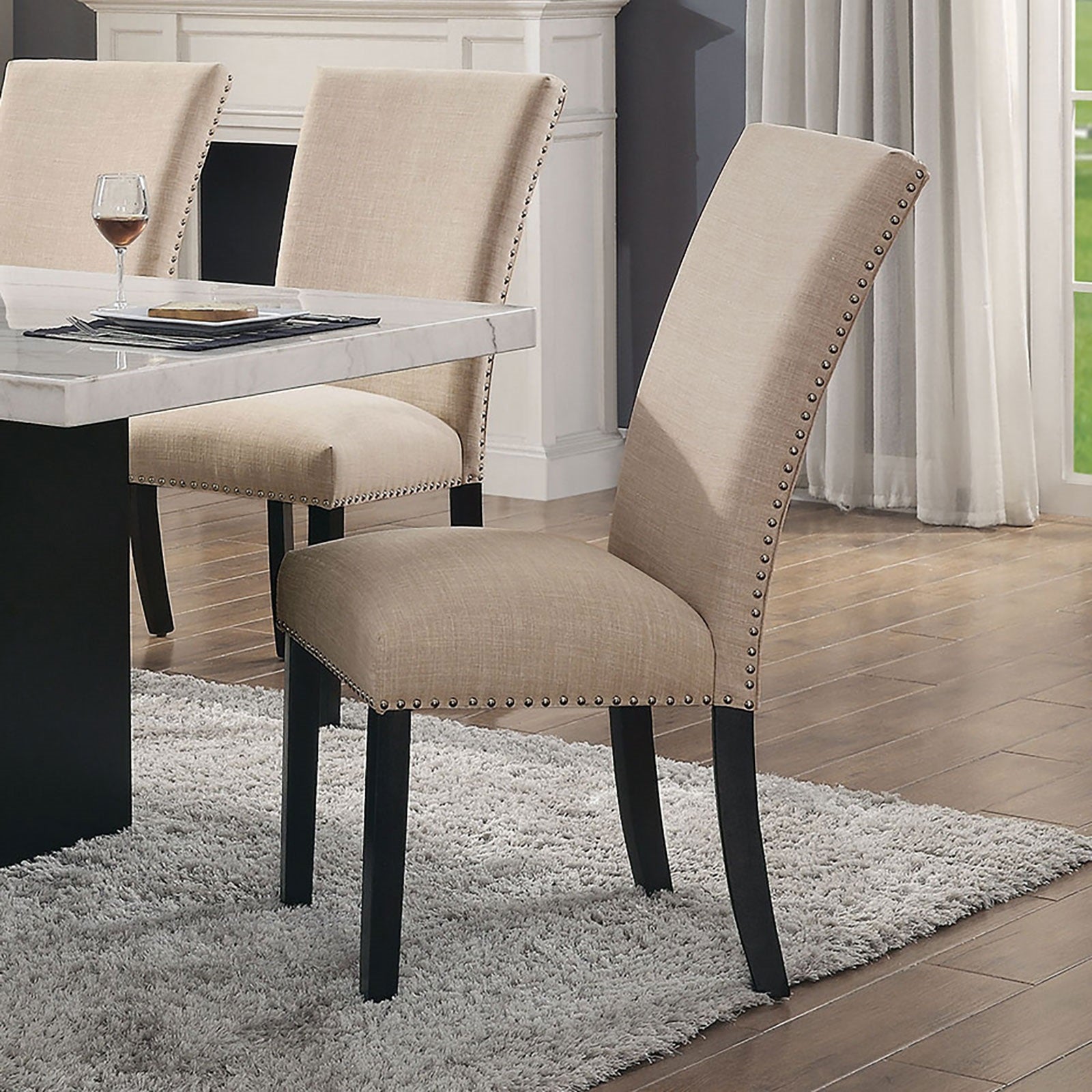 Gorgeous Marble Top Table w 6x Side Chairs Beige Fabric Upholstered Chair Dining Room 7pc Set Black Wooden Furniture