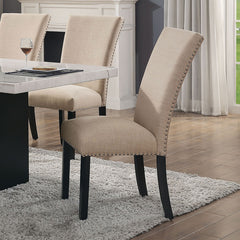 Gorgeous Marble Top Table w 6x Side Chairs Beige Fabric Upholstered Chair Dining Room 7pc Set Black Wooden Furniture
