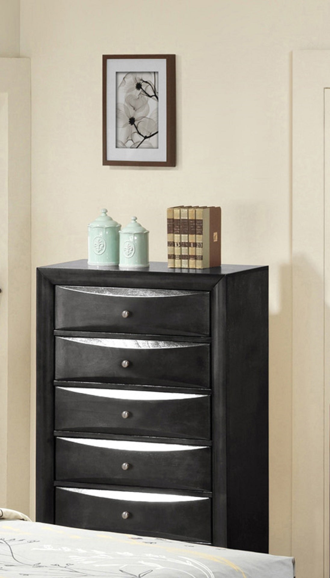 1Pc Contemporary 5 Drawer Chest Black Finish Solid Wood Wooden Bedroom Furniture