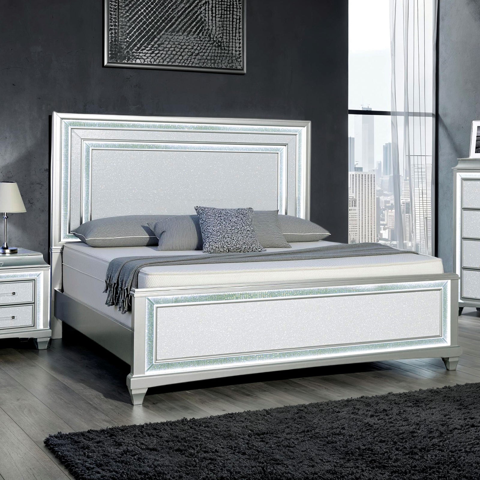 Silver / Gray 1pc Queen Size Bed Faux Crystal w LED Headboard Panel Bedframe Bedroom Furniture Glamorous Contemporary Style