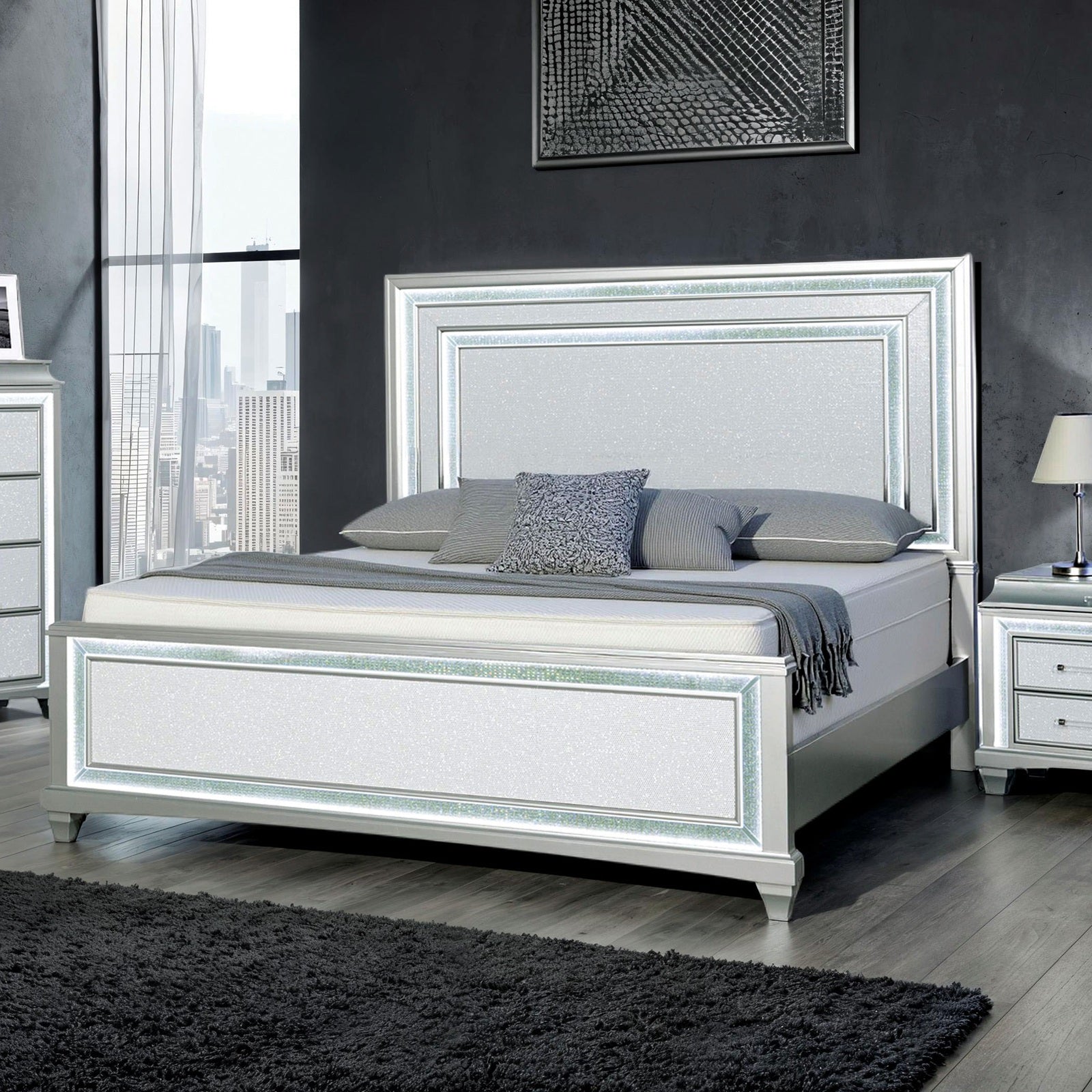 Silver / Gray 1pc Queen Size Bed Faux Crystal w LED Headboard Panel Bedframe Bedroom Furniture Glamorous Contemporary Style