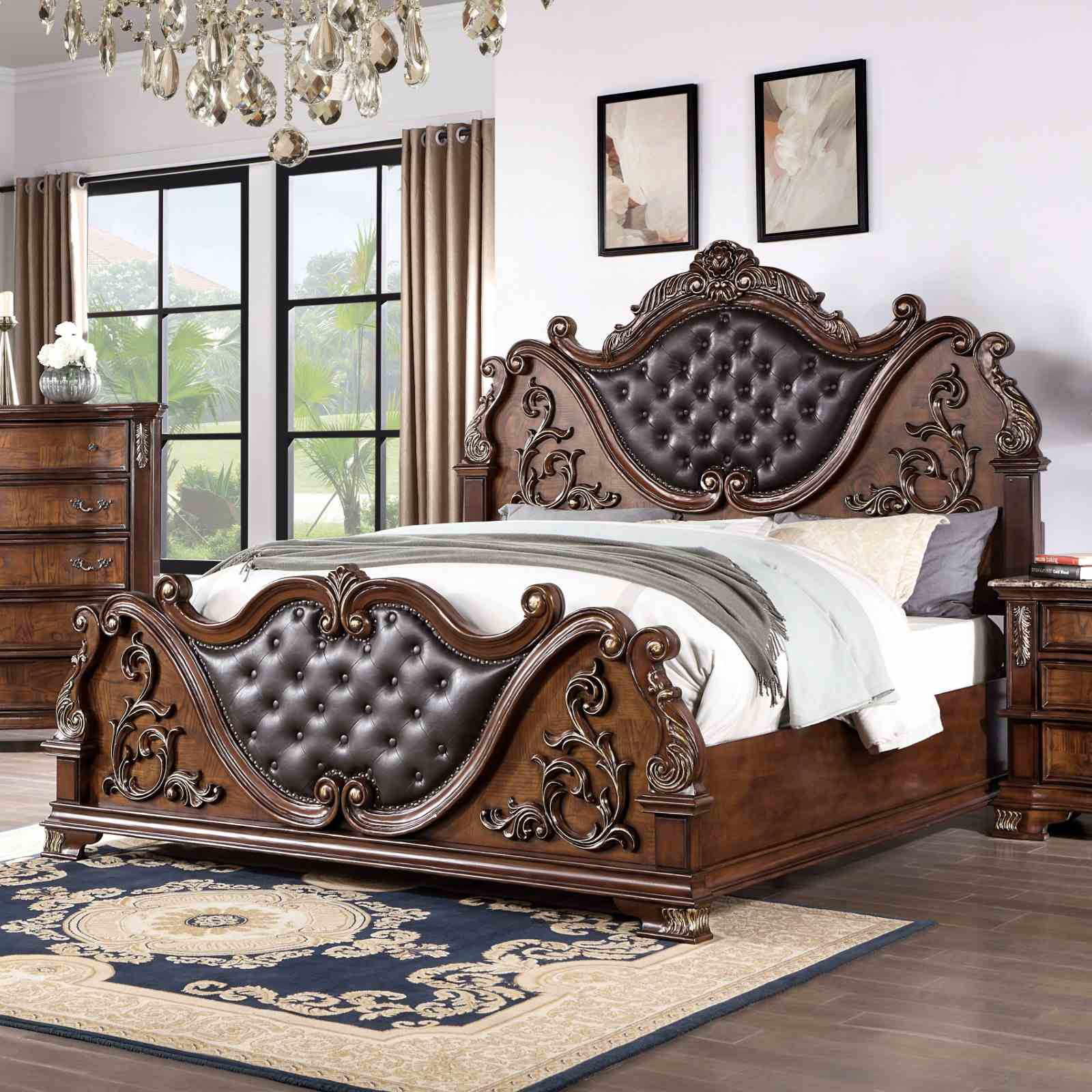 Luxurious Brown Cherry Traditional Queen Size Bed Tufted Leatherette HB FB 1pc Bed Bedroom Furniture Wooden