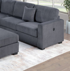 Living Room Corduroy Upholstered Dark Gray 4pc Sectional Set RAF/LAF One-Arm Loveseat W/USB, Corner Wedge, Cocktail Ottoman Cushion Couch