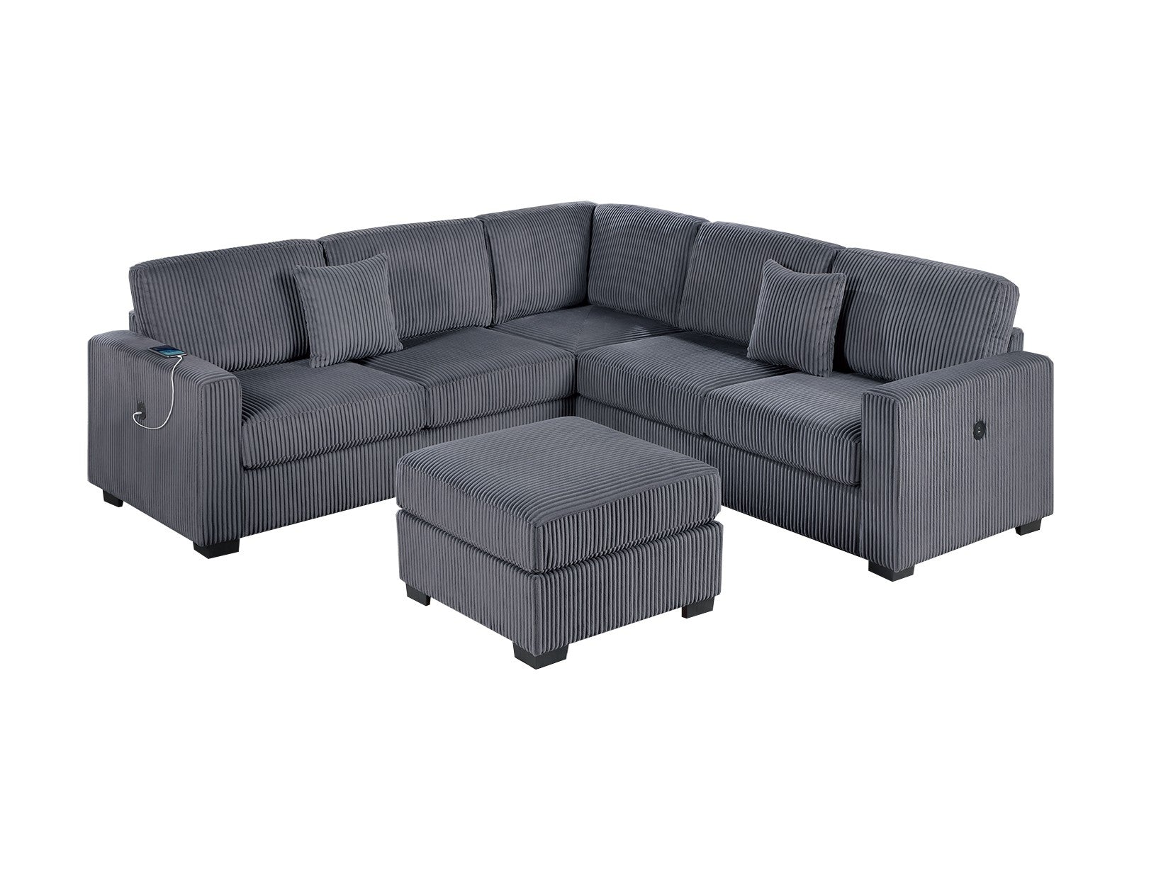 Living Room Corduroy Upholstered Dark Gray 4pc Sectional Set RAF/LAF One-Arm Loveseat W/USB, Corner Wedge, Cocktail Ottoman Cushion Couch