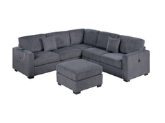 Living Room Corduroy Upholstered Dark Gray 4pc Sectional Set RAF/LAF One-Arm Loveseat W/USB, Corner Wedge, Cocktail Ottoman Cushion Couch