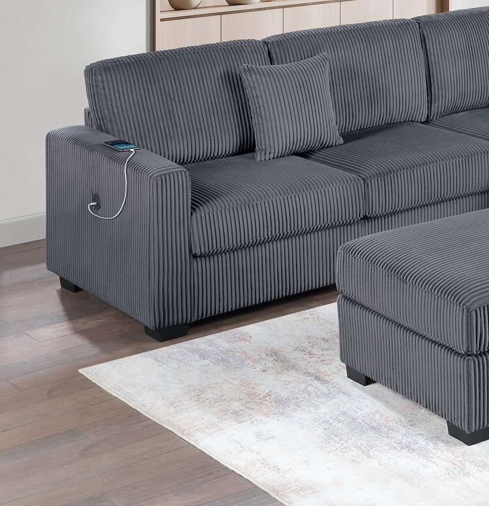 Living Room Corduroy Upholstered Dark Gray 4pc Sectional Set RAF/LAF One-Arm Loveseat W/USB, Corner Wedge, Cocktail Ottoman Cushion Couch