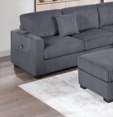 Living Room Corduroy Upholstered Dark Gray 4pc Sectional Set RAF/LAF One-Arm Loveseat W/USB, Corner Wedge, Cocktail Ottoman Cushion Couch