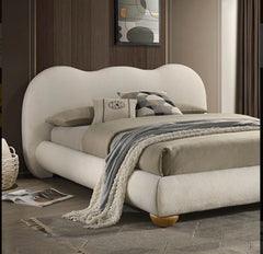 White And Natural Oak Color 1pc King Size Bed Boucle Upholstered Round Bun Wood Feet Bedroom Furniture