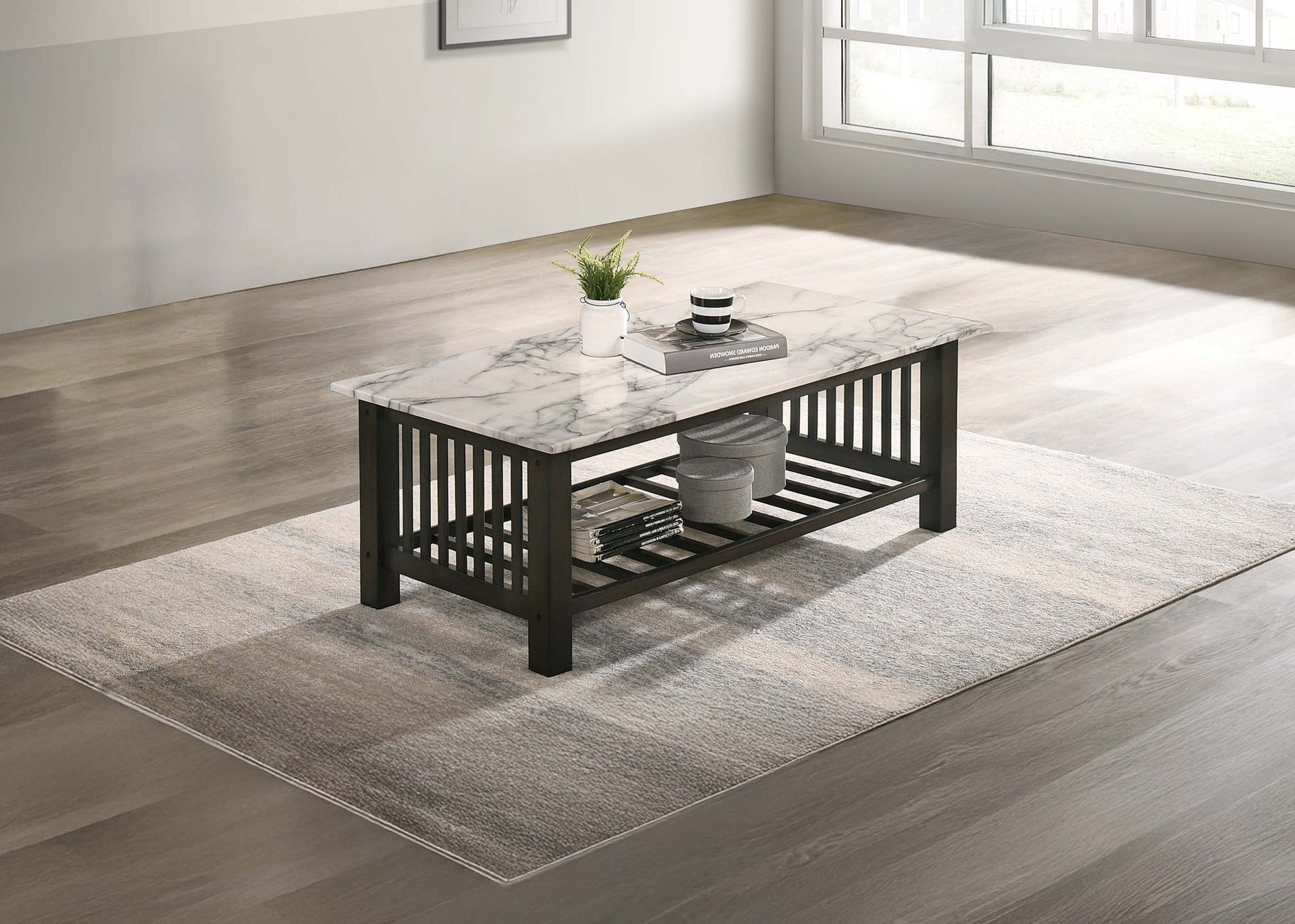Contemporary 3pc Occasional Table Set Faux Marble Top Antique Walnut 1x Coffee Table 2x End Tables Open Storage Living Room