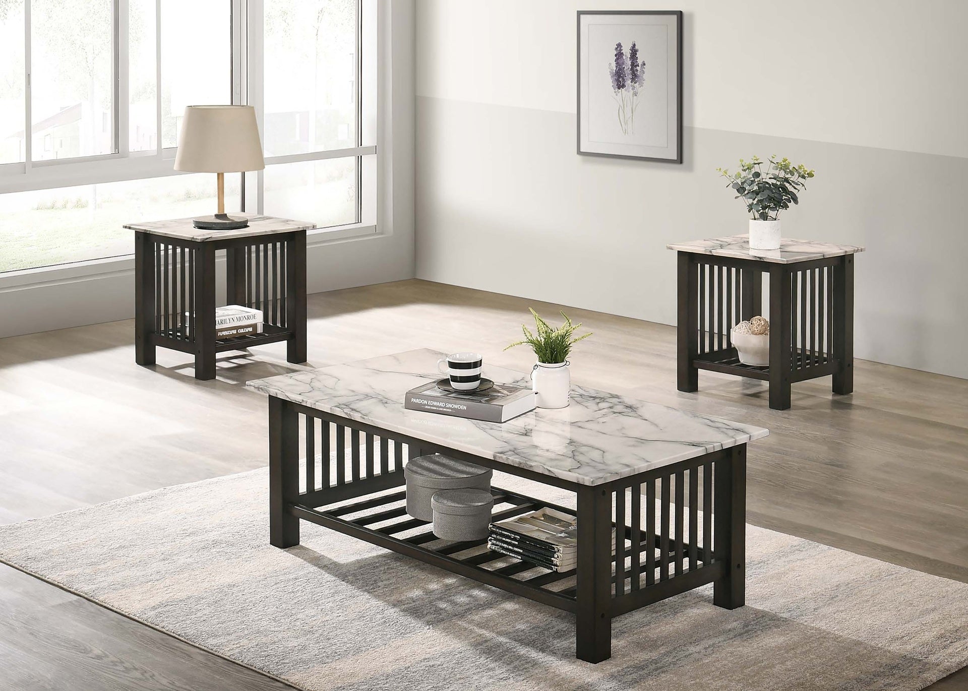 Contemporary 3pc Occasional Table Set Faux Marble Top Antique Walnut 1x Coffee Table 2x End Tables Open Storage Living Room