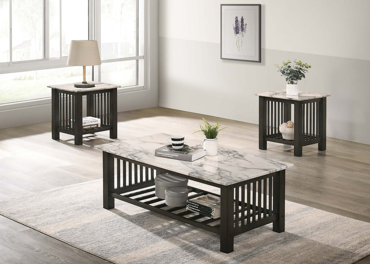 Contemporary 3pc Occasional Table Set Faux Marble Top Antique Walnut 1x Coffee Table 2x End Tables Open Storage Living Room
