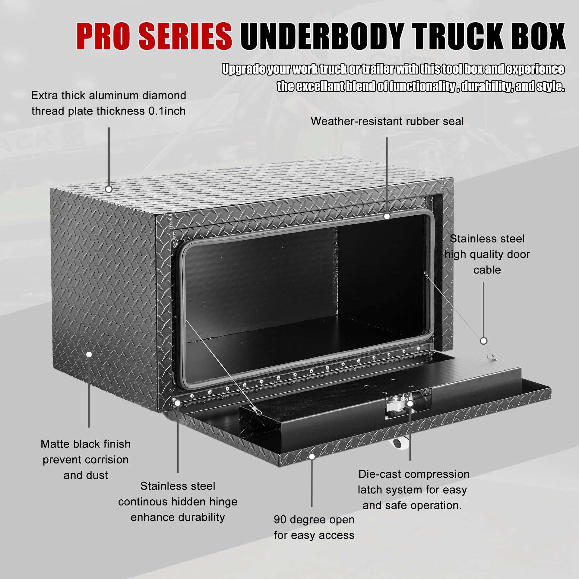 36 inch aluminum underbody truck tool box heavy duty underbed toolbox tool storage organizer chest with lock and keys, waterproof trailer box, extra thick diamond thread plate matte black finish