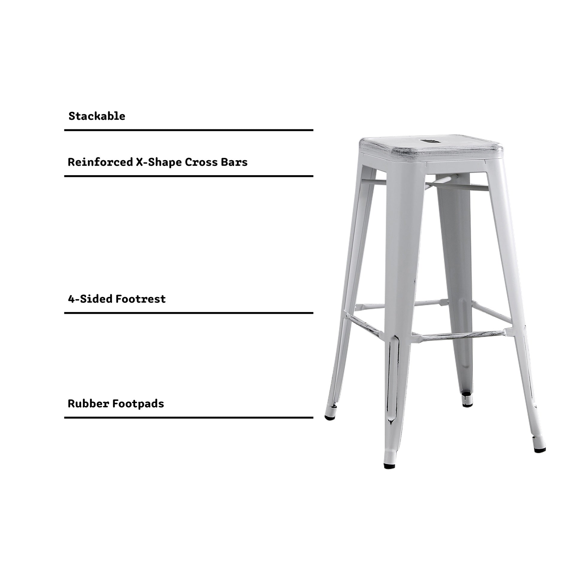 Backless Modern Light Weight Industrial Contemporary Rustic Vintage Costal Metal Bar Stools Without Back and 4 Leg Design (Set of 2) (30" Seat, Distressed White)