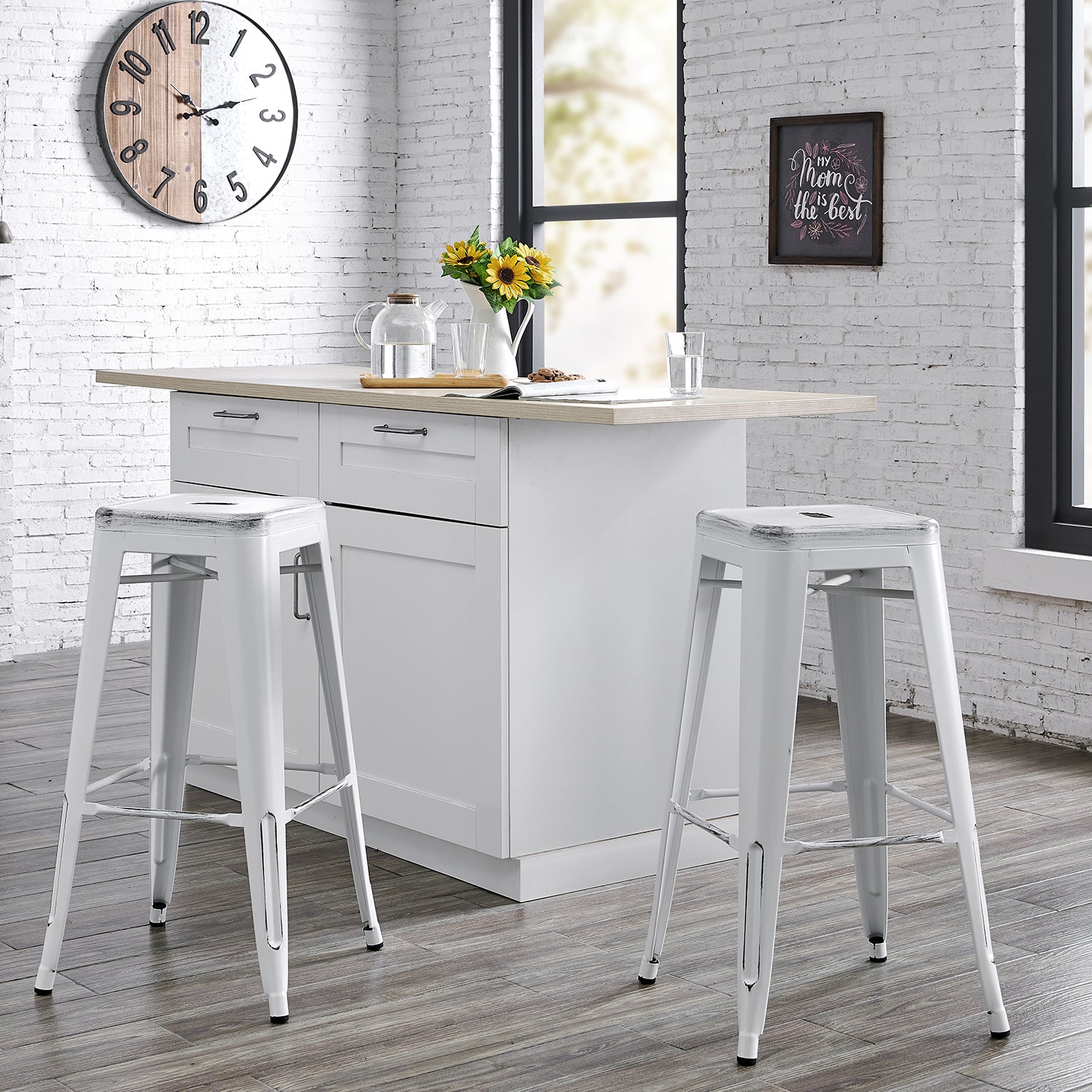 Backless Modern Light Weight Industrial Contemporary Rustic Vintage Costal Metal Bar Stools Without Back and 4 Leg Design (Set of 2) (30" Seat, Distressed White)