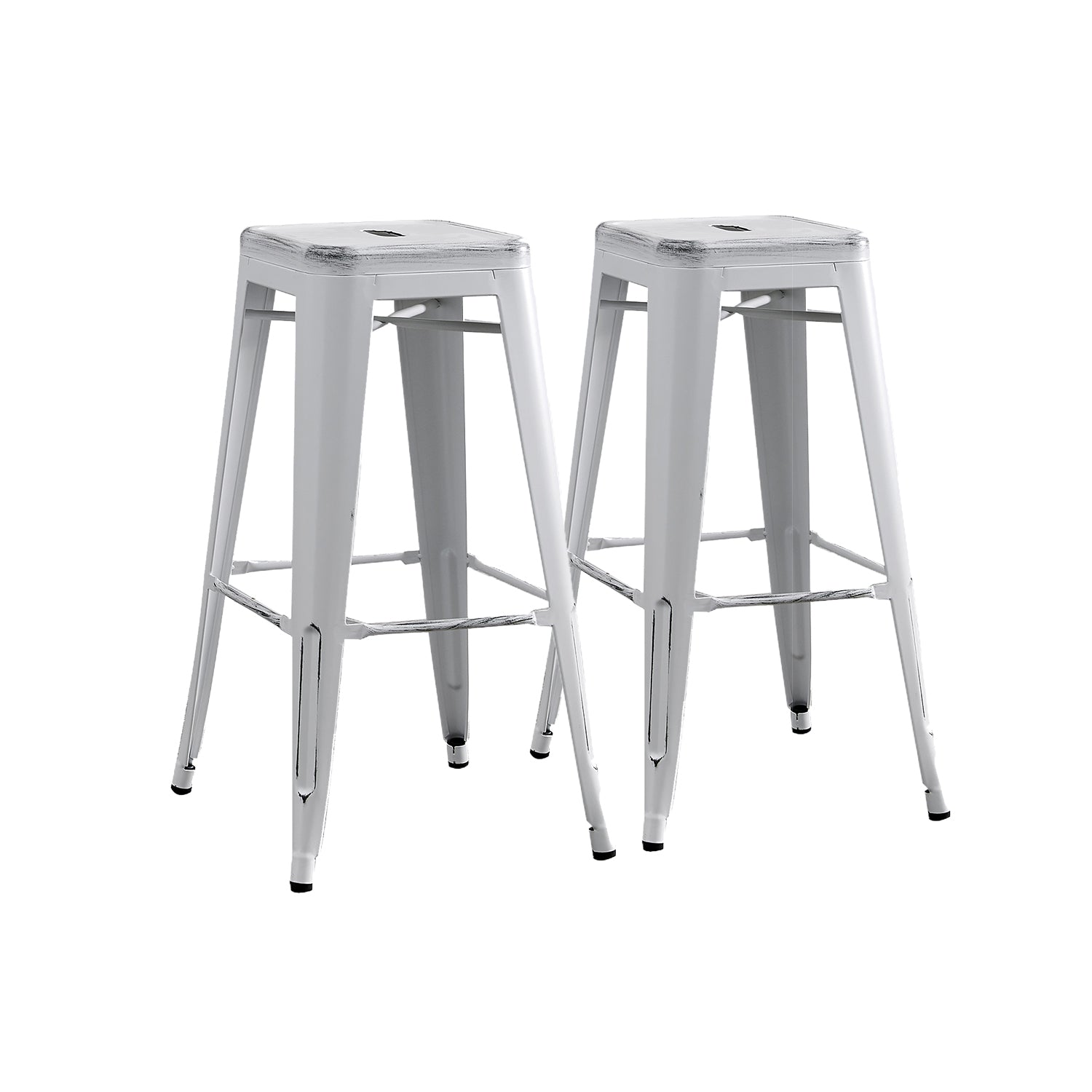 Backless Modern Light Weight Industrial Contemporary Rustic Vintage Costal Metal Bar Stools Without Back and 4 Leg Design (Set of 2) (30" Seat, Distressed White)