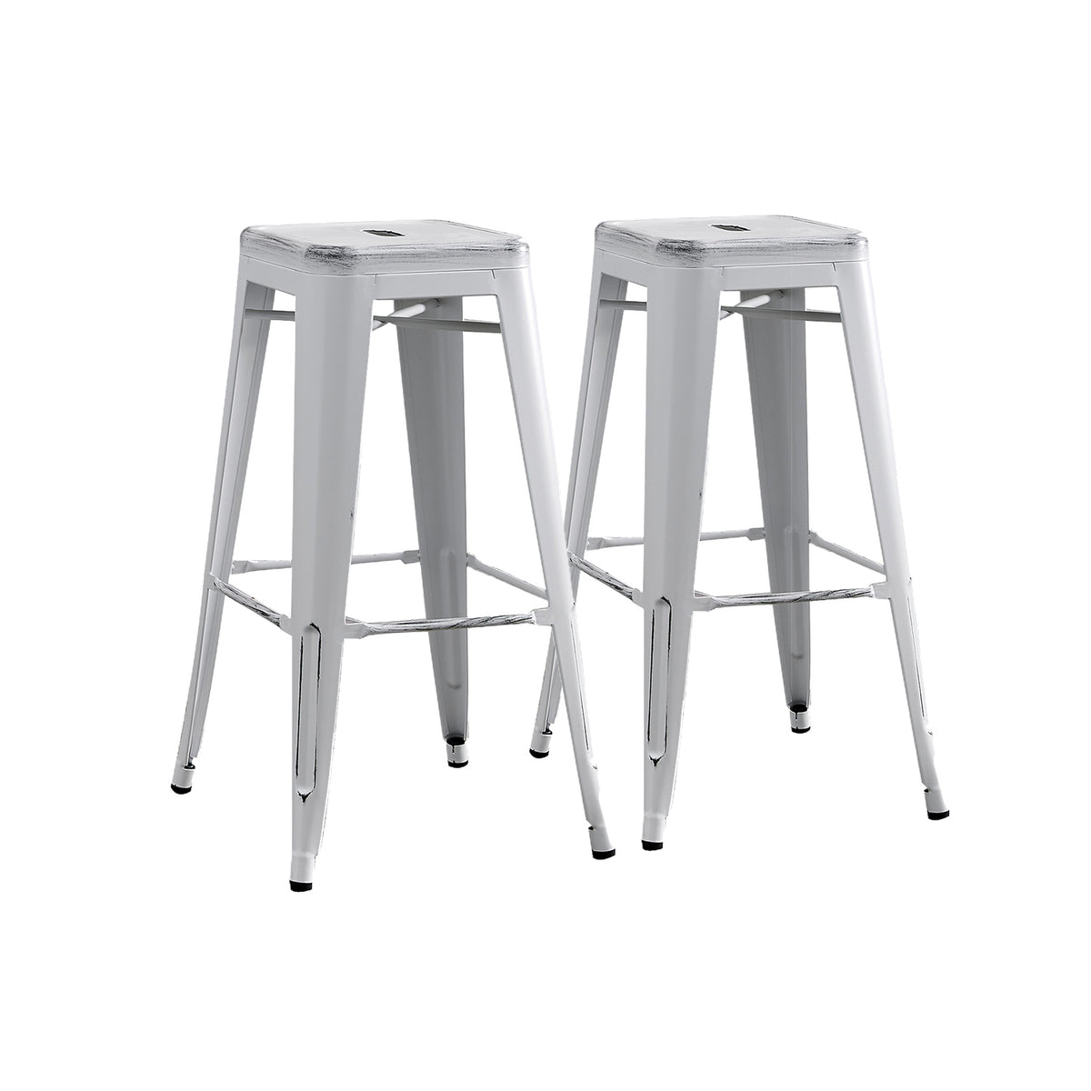 Backless Modern Light Weight Industrial Contemporary Rustic Vintage Costal Metal Bar Stools Without Back and 4 Leg Design (Set of 2) (30" Seat, Distressed White)