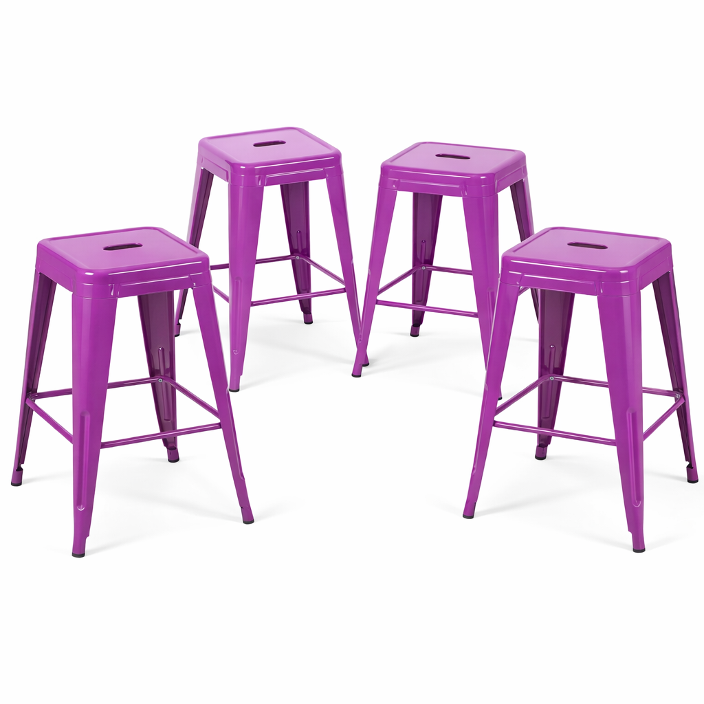 24 Inch Counter Height Stool, Backless Metal Bar Stools Set of 4, Non-Stackable, Detachable & Easy Assembly, Space-Saving Design for Kitchen Island/Bar/Café/Dining Room (Purple)
