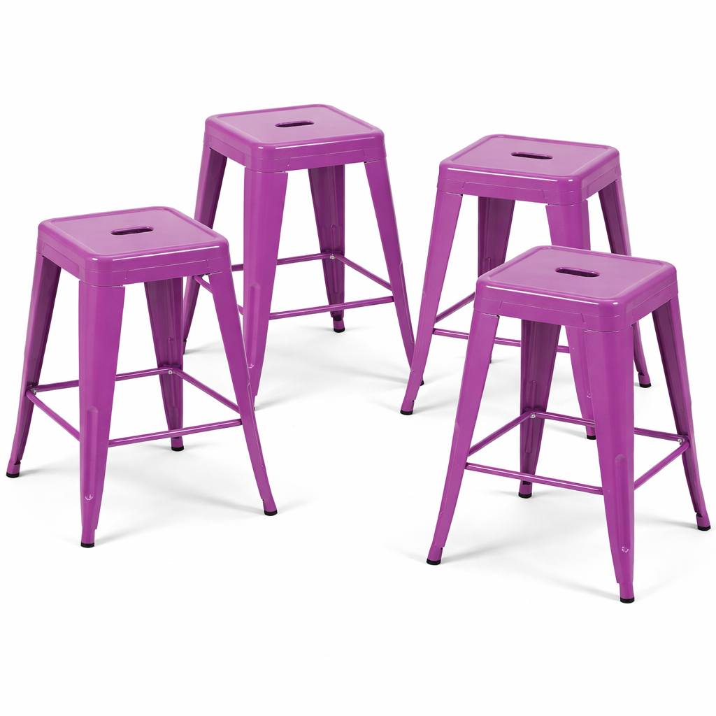 24 Inch Counter Height Stool, Backless Metal Bar Stools Set of 4, Non-Stackable, Detachable & Easy Assembly, Space-Saving Design for Kitchen Island/Bar/Café/Dining Room (Purple)