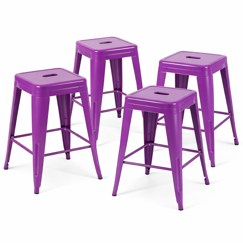 24 Inch Counter Height Stool, Backless Metal Bar Stools Set of 4, Non-Stackable, Detachable & Easy Assembly, Space-Saving Design for Kitchen Island/Bar/Café/Dining Room (Purple)