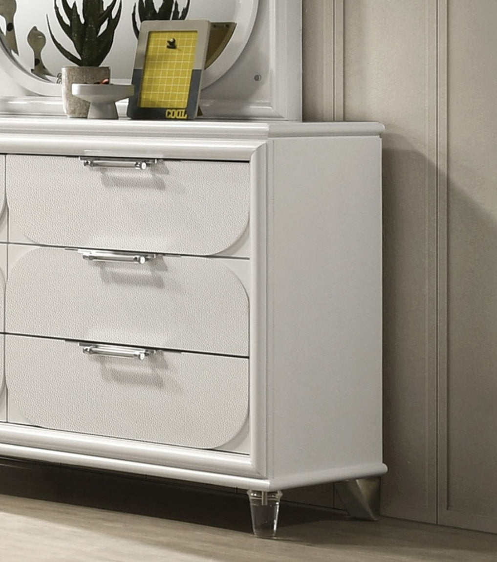 Contemporary Glam Pearl White 1pc Dresser Acrylic Handles Embossed Panels English Dovetails Hidden Jewelry Drawers Dresser