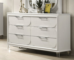 Contemporary Glam Pearl White 1pc Dresser Acrylic Handles Embossed Panels English Dovetails Hidden Jewelry Drawers Dresser