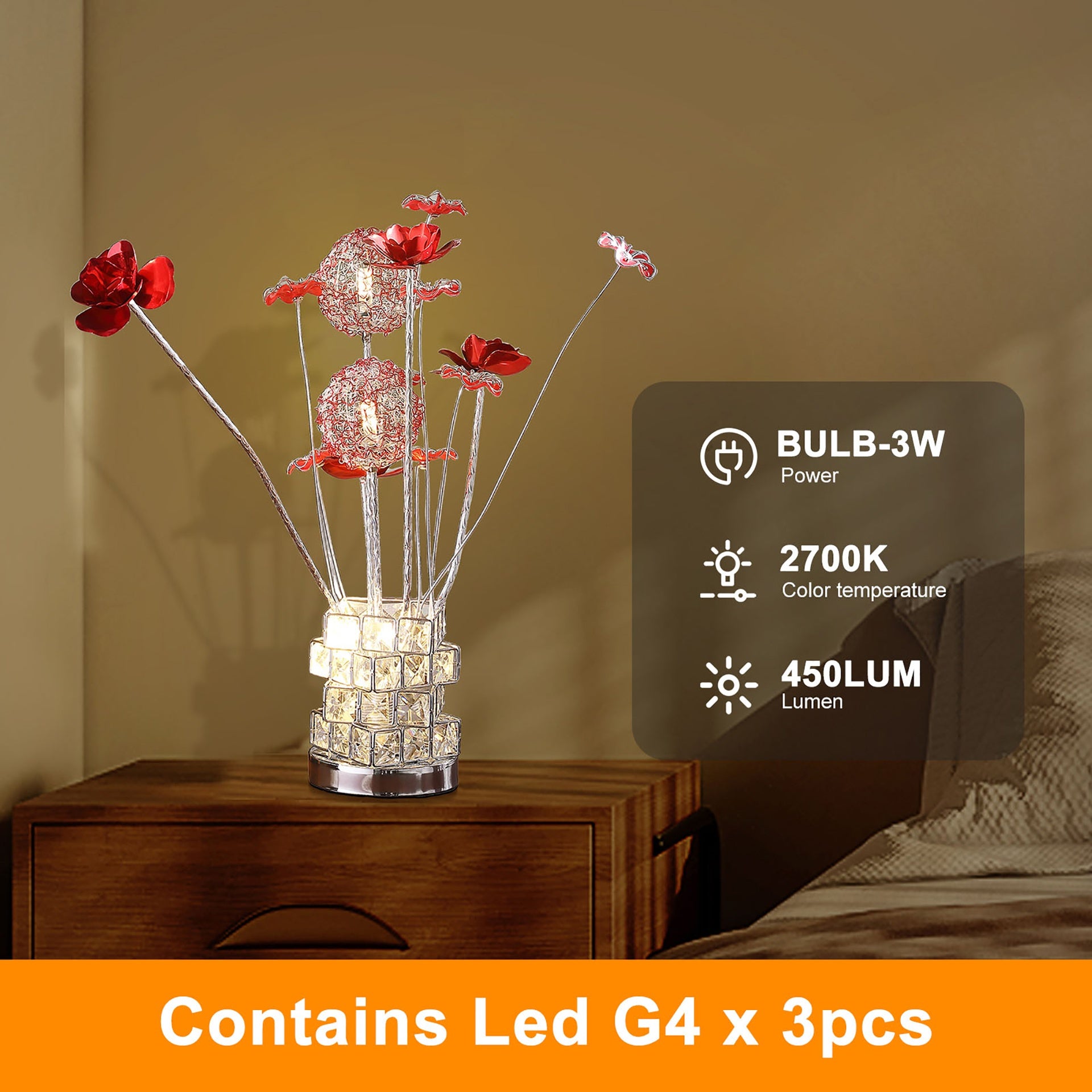 Aluminum 4 Red Roses 6 Petal Floral 2 Red/Silver Flower Bud On A 4 Squared Modern Hexagona Chrome Vase Table Lamp for Living Room, Nightstand Bedside Table Lamp for Bedroom, LED Lamp