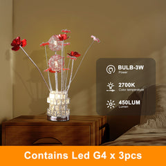 Aluminum 4 Red Roses 6 Petal Floral 2 Red/Silver Flower Bud On A 4 Squared Modern Hexagona Chrome Vase Table Lamp for Living Room, Nightstand Bedside Table Lamp for Bedroom, LED Lamp